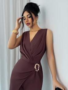Elenzga Bộ jumpsuit nữ thanh lịch, tối giản, không tay, màu trơn, xếp ly, thích hợp cho mùa xuân/hè. - Màu nâu Sô-cô-la - Xem 3