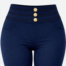 Maritza - Pantalón costillero skinny con botones dorados - Azul - Ver 3