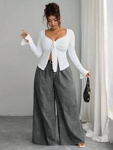 EMERY ROSE Quần jeans ống rộng cạp cao dáng rộng, chất liệu wash, cỡ lớn, kiểu dáng thường ngày. - Màu Xám nhạt - Xem 6