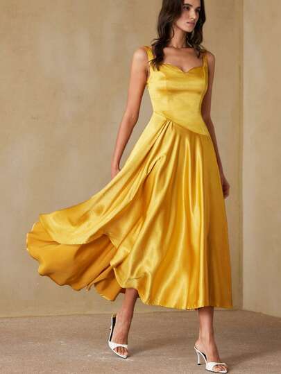 Aveloria Modichic High-Gloss Stitched Craftsmanship, Bright Golden Tone, Retro Alluring Style, Sleeveless Square Neckline Design, Patchwork Irregular Elements, Slim-Fit Slimming Feature, Asymmetric A-Line Skirt, Silk Satin Fabric, Smooth Draping, Suitable For Formal Parties, Galas, Red Carpet Events, Art Exhibitions And Holiday Gatherings, Showcasing Luxurious Radiance And Charming Elegance. Elegant Luxe Satin Asymmetric Waist Sleeveless Midi Dress