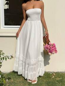 Sunnyshic 女士白色长款连衣裙，抽绳腰身，A字裙摆，挂脖设计，优雅时尚，适合海滩、度假、约会、浪漫场合，荷叶边下摆，甜美少女风，春夏款。 - 白色 - 查看 5