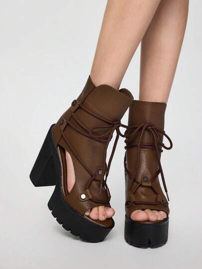 ROMWE Goth Women's New Fashion Platform Lightweight High Heel Hollow Lace-Up Retro Roman Sandals, Black/Brown Ankle Boots And Open-Toe Booties