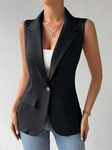 Rafferiza Chic Dark Gray Woven Fabric Sleeveless Blazer For Women Regular Length Lapel Single Button Vest - Dark Grey - View 5