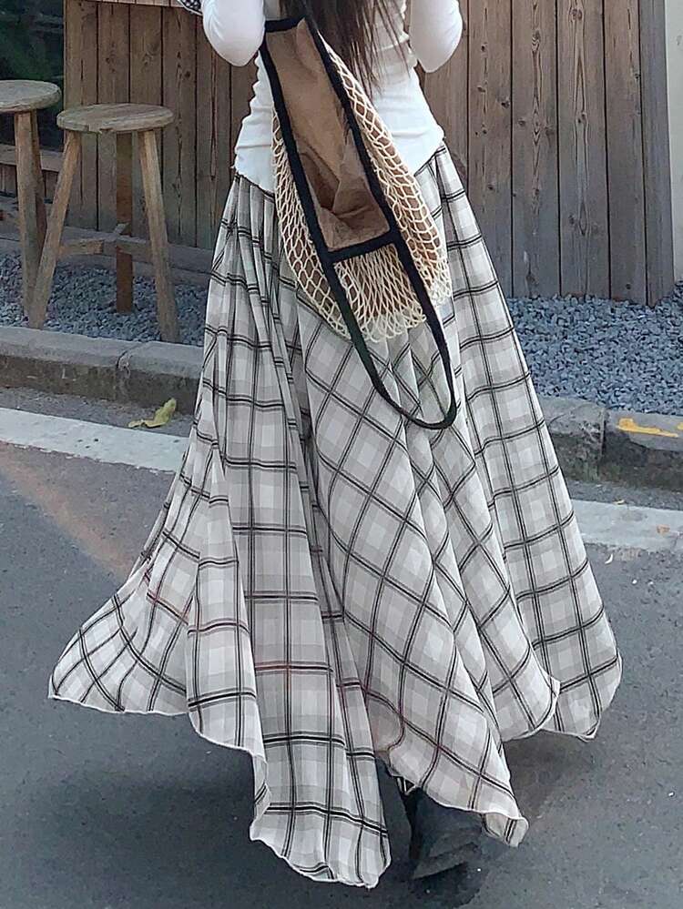 Women's Casual Commuter Plaid Long Skirt Summer