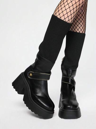 ROMWE Grunge Punk New Women's Autumn Winter Fashion Slip-On Side Zipper Convertible Thick Sole Outdoor Casual Mid-Calf Boots, Foldable Elastic Shaft Boots, Decorative Zipper, Round Toe, 9cm Increased Height Thick Sole, 4cm Waterproof Platform,Party