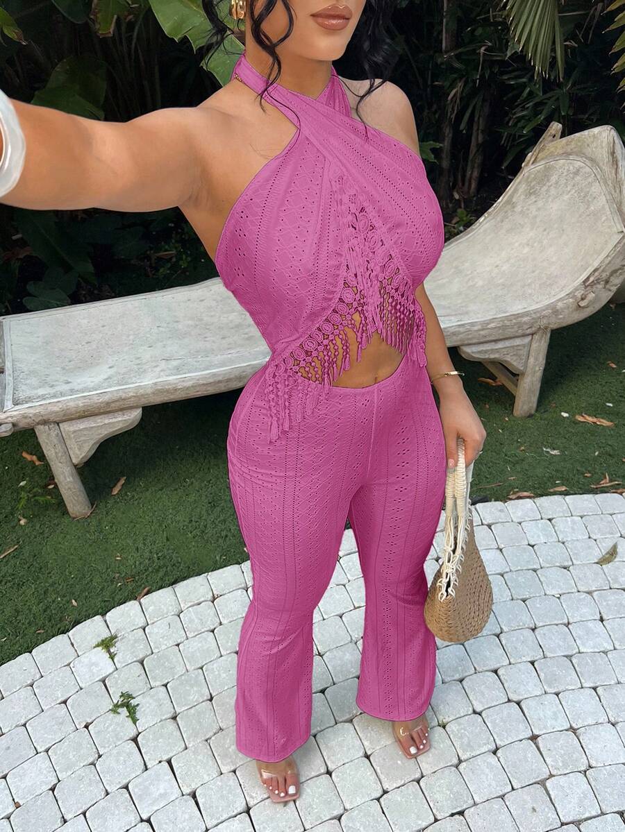 SHEIN SXY 女士露背吊带镂空性感连体裤,适合约会、度假和外出。 - 粉色 - 查看 1