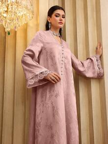 SHEIN Najma Gaun Wanita Elegan Berkerah V dengan Patchwork Pita Jacquard dan Renda Lengan Panjang Model Mengembang - Berwarna merah muda - View 5