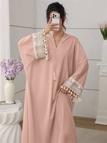 SHEIN Najma Modest Cutout Hooded Lace Ribbon Batwing Tassel Pink Dress For Women, For Parties, Date Night Special Occasion Evening Events Party Ready - Pink - View 8