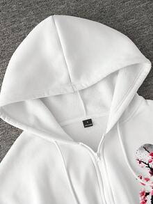 Lalippa Y2K风格女式花卉图案印花拉链卫衣，时尚街头休闲薄外套 - 白色 - 查看 6