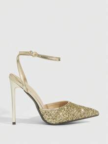 CUCCOO SZL 女鞋尖头细高跟金色亮片踝带露跟女鞋简约优雅时尚性感派对宴会夜店女高跟鞋 - 格力特淺金44 - 查看 4