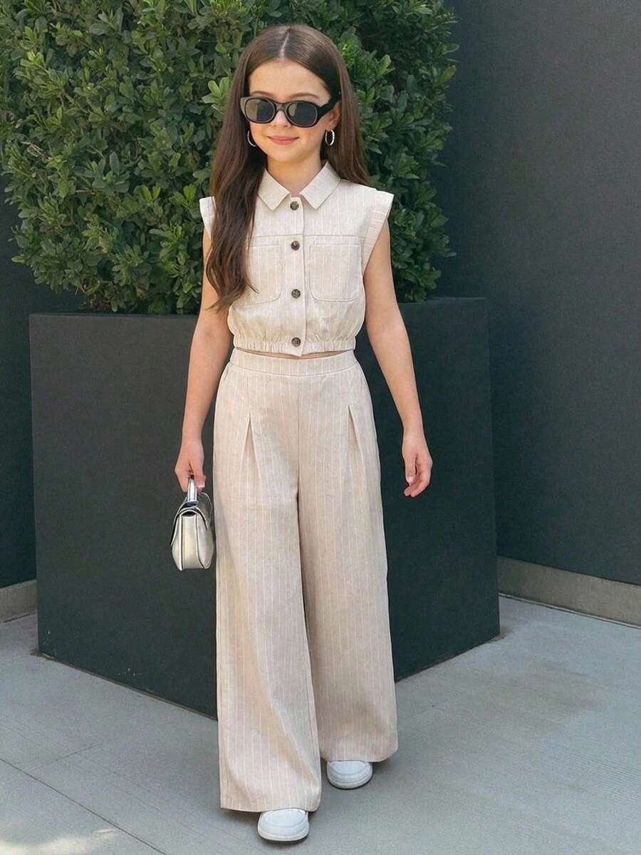 Firerie Kids Tween Girls Apricot Waist Cinched Set, Polo Collar Shirt, Vest And Loose Pants 2 Pieces Casual Outfit, Versatile For Daily Wear, Commuting, Photoshoot - Apricot - View 1