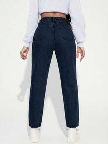 EURMUSE 女士休闲斜口袋百搭妈妈牛仔裤 - 深色水洗藍 - 查看 2