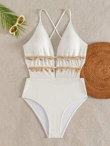 Swim Vcay 1pc Women's Solid Color Spaghetti Strap Criss-Cross Back Shell Chain One-Piece Swimsuit - White - View 5