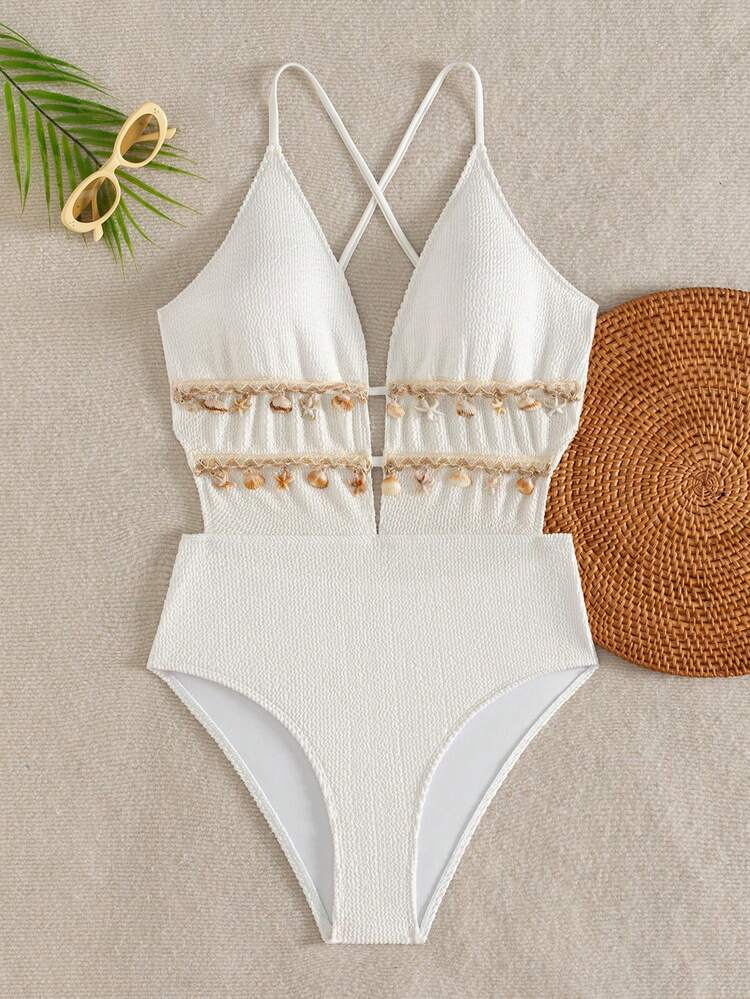 Swim Vcay 1 bộ đồ bơi liền thân nữ màu trơn, dây mảnh, lưng chéo, kiểu dây vỏ sò. - trắng - Xem 5