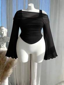 SHEIN MOD 大码女式不对称透视网眼针织 T 恤黑色网眼上衣透明长袖上衣黑色派对上衣 - 黑色 - 查看 5