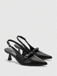 CUCCOO BIZCHIC 黑色编织纹理尖头高跟鞋，无后跟搭扣细跟通勤鞋，女士 - 黑色 - 查看 7