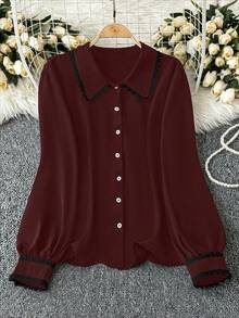 DreamSkyne Plus Size Women's Autumn Elegant Black Lace Tea Party Blouse,Contrast Color Ruffle Front Button Lantern Sleeve Tops For Teens,New Arrival Latest Tops - Burgundy - View 6