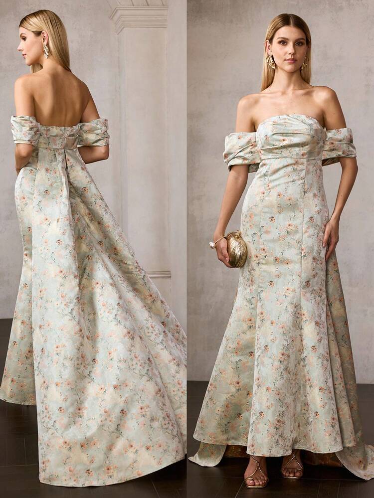 MOTF Soiréza WOMEN'S JACQUARD OFF-SHOULDER MERMAID HEM LONG DRESS