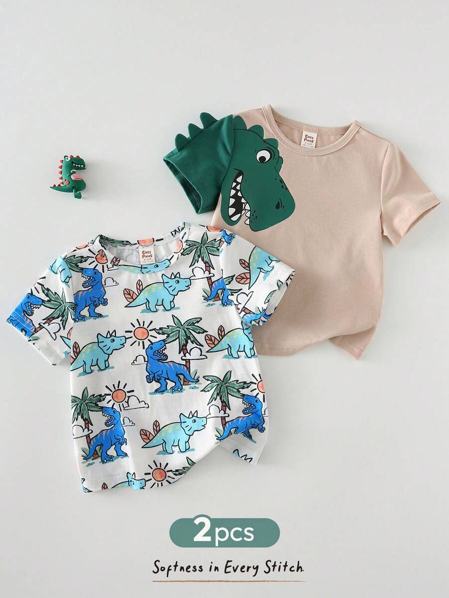 Cozy Pixies 2pcs Baby Boy Cartoon Dinosaur Pattern Knitted Soft Crew Neck Short Sleeve Pullover Outfit Set - Khaki - View 1