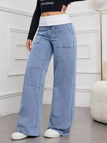 SHEIN Tall 春夏女式休闲日常通勤时尚街头撞色白色翻边腰宽松阔腿牛仔裤 - 中等水洗藍 - 查看 5