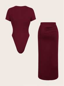 SHEIN Essnce Plsize 女士休闲两件套，针织套装，连体裤和半身裙套装，夏季两件套，休闲女装，黑色正式连衣裙，女士绷带连衣裙夏季套装 - 酒紅色 - 查看 2