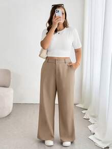 SHEIN Essnce Plus-Size Women's Spring/Summer Fashion Casual Loose Comfortable Everyday Basic Versatile Khaki Flared Pants,Spring,Women Bottom,Work Pants - Khaki - View 6