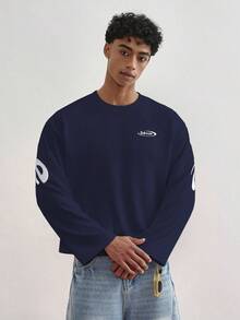 TOKVUE 男士休闲字母印花圆领长袖T恤 - 寶藍色 - 查看 3