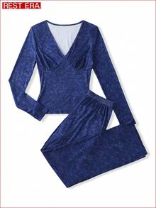 Conjunto de pijama de top de manga larga con cuello en V y pantalones con estampado de teñido anudado para mujer - Azul - Ver 1