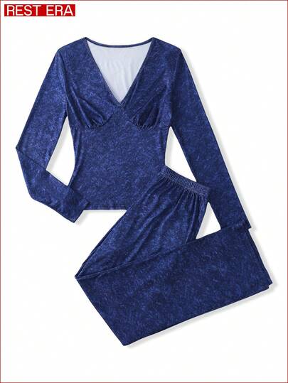 Women's V-Neck Long Sleeve Tie-Dye Top And Pants Pajama Set