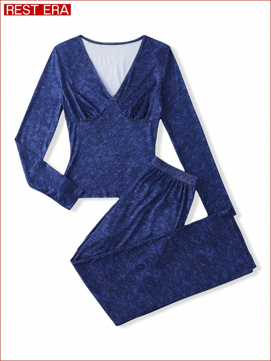 Conjunto de pijama de top de manga larga con cuello en V y pantalones con estampado de teñido anudado para mujer - Azul - Ver 1