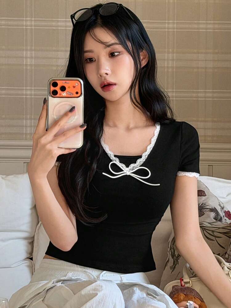 Women's Fashion Casual Lace Patchwork Bow Tie Short T-Shirt Summer