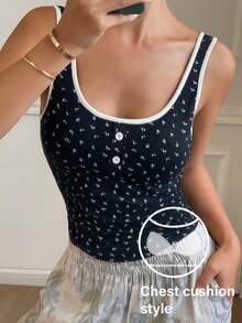 DAZY Ditsy Floral Contrast Trim Camisole Top With Built-In Bra Pad For Women - Black - View 3