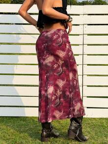 SHEIN EZwear 印花网纱时尚修身半身裙，适合日常穿着 - 紫色 - 查看 3