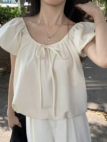 FRIFUL 女士花瓣袖蝴蝶结前系宽松甜美衬衫 - 黃色 - 查看 9