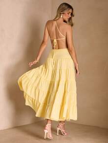 Enchnt Spring/Summer Romantic Women's Yellow Backless Maxi Cake Dress For Women,Sweet&Elegant For Vacation&Date&Holiday&Going Out,Spring Outfit Women - Light Yellow - View 2