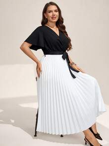 SHEIN LUNE SHEINLUNE 大码女式彩虹褶皱V领灯笼袖系腰连衣裙 毕业礼服 婚礼宾客礼服 女士度假装 女士沙滩装 节日连衣裙 生日礼服 女士骄傲日礼服 - 黑與白 - 查看 4