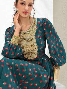 Al Najma Women's Round Neck Floral Print Ruched Waist Elegant Party Dress - Dark Green - View 5