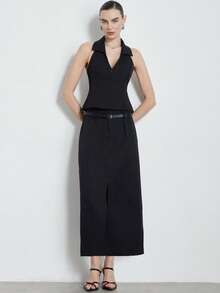 Aveloria Modichic Summer Elegant Black Date Night French Chic 2-Piece Set,Sleeveless Collared Vest & High-Waisted Slit Skirt With Belt, Business Office Outfit - Black - View 3