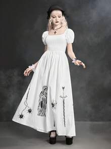 ROMWE Đầm dài in họa tiết búa sao băng, kiếm, dây xích, nĩa theo phong cách Gothic dành cho nữ. - trắng - Xem 10