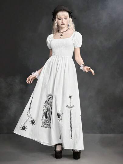 ROMWE Goth 哥特风流星锤、剑、链、叉印花女式长裙