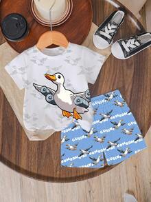SHEIN Streecool Kids 2pcs/Set Boys White Summer Outfit,Fashionable Sports Suit With Funny Airplane,Duck & English Slogan Design,Comfortable Casual Wear For Back To School - Multicolor - View 6