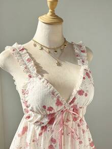 Elamini 女士粉色花卉蕾丝V领开衫，配蝴蝶结、荷叶边和不规则腰线设计，性感甜美可爱浪漫海滩度假风吊带衫，适合夏季穿着 - 粉色 - 查看 5