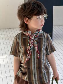 DAZY 男童条纹印花纽扣短袖休闲衬衫 - 棕色 - 查看 6