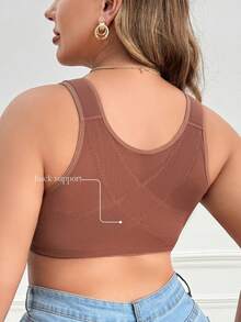 1pc Elegant & Comfortable Lace Patchwork Front Closure Plus Size Bra, Adjustable Shoulder Straps - Brown - View 8