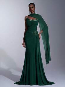 Elitara Elegante vestido de noche formal minimalista y lujoso con malla de alta elasticidad, sin tirantes, asimétrico, fruncido, glamoroso con cristales de Rhinestone 3D, con volantes de sirena drapeados (sin tirantes desmontables) - Verde Oscuro - Ver 7