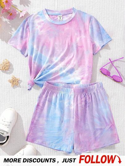 2 pièces Ensemble t-shirt à manches courtes et short en motif tie-dye pour jeunes filles, adapté pour l'été