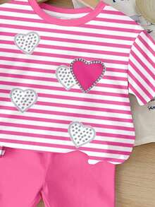两件套女童休闲条纹短袖上衣和爱心印花短裤，可爱甜美的粉色，适合夏季穿着 - 彩色 - 查看 5
