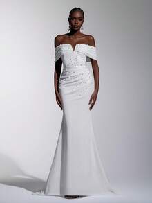 Elitara Elegant & Charming White V-Neck Off-Shoulder Elastic Knit Ruched Design Off-Shoulder Fitted Mermaid High Slit Dress, Suitable For Wedding, Party, Graduation, Vacation, Bridal Gown - White - View 1