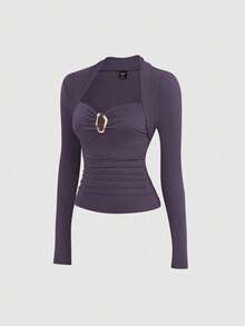 Sweetra Kaos Ukuran Besar Warna Polos Kerah Bentuk Hati Lengan Panjang dengan Hiasan Pinggang yang Dikencangkan - Purple - View 3