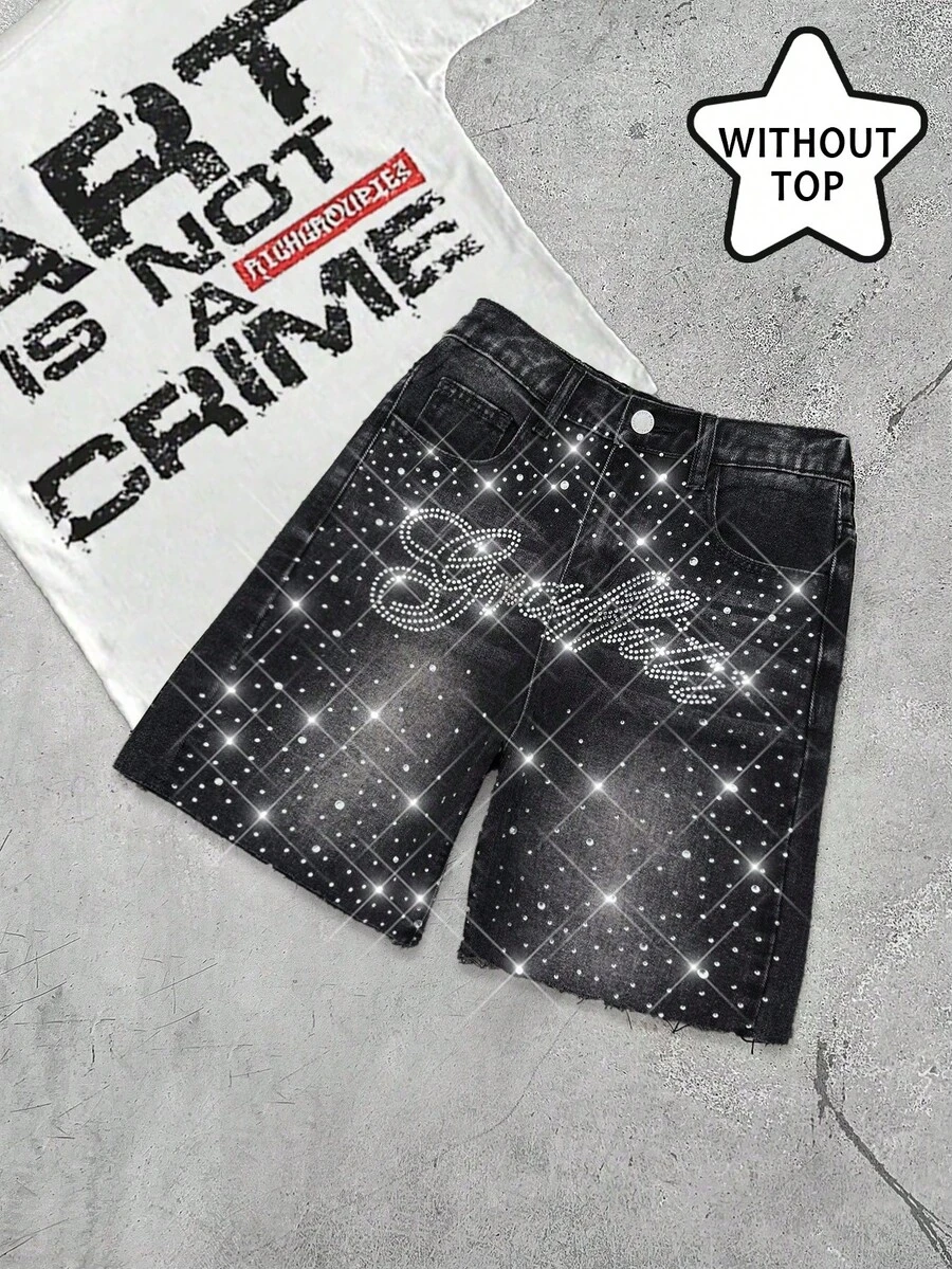 SHEIN Tween Jungen Mode Homecoming Streetwear Mix und Match vielseitiges Design Vintage cool Straße locker und bequem cool und erfrischend glänzend Buchstaben-Stil mit eingebetteten Strass Streetwear schwarze Jeans-Shorts für den täglichen Gebrauch und Frühling bis Sommer Rave Festival und Streetwear - Schwarz - Übersicht 1